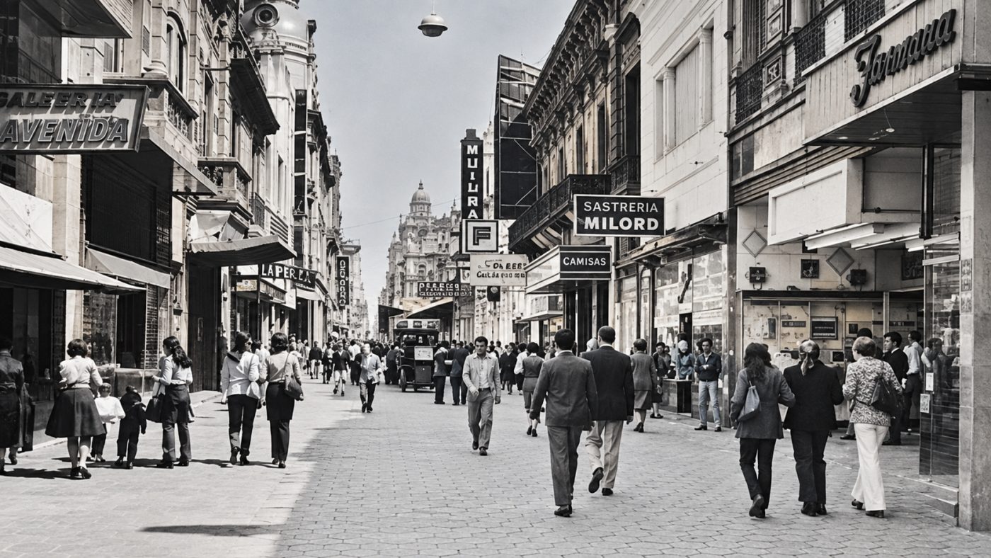 Ilustración de estilo antiguo de una peatonal céntrica con transeúntes y comercios